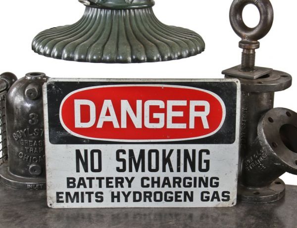 c. 1940's original american industrial die cut steel baked enameled "no smoking" general electric factory danger sign 