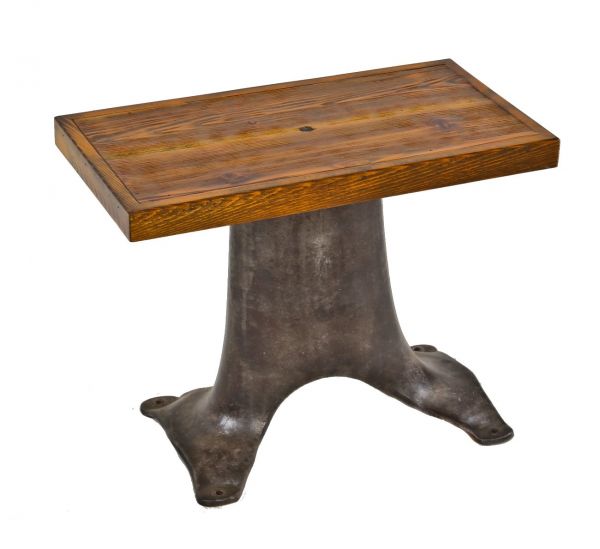repurposed american industrial reinforced cast iron factory machine base side table with brushed metal finish 