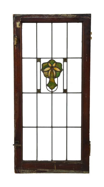 C 1918 original and largely intact american craftsman style interior residential leaded art glass casement window with floral motif