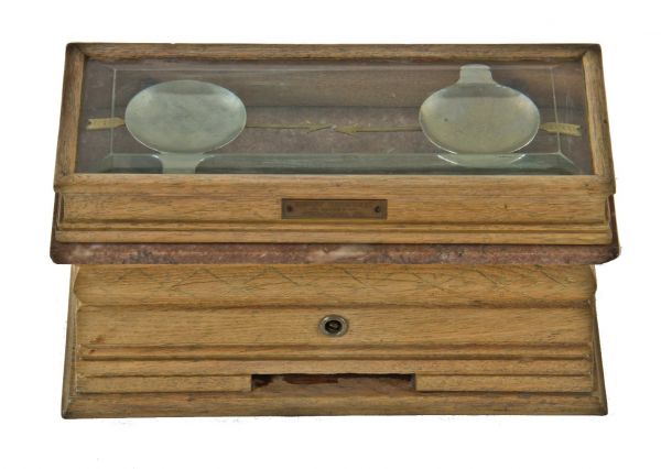 original c. late 19th or early 20th century fully enclosed largely intact solid oak wood druggists' scale with beveled glass hinged cabinet top