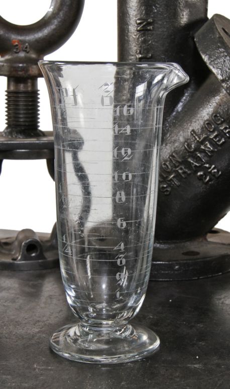 very clean and well maintained all original early 20th century american laboratory lightly etched antique glass w. & t. conical-shaped measure
