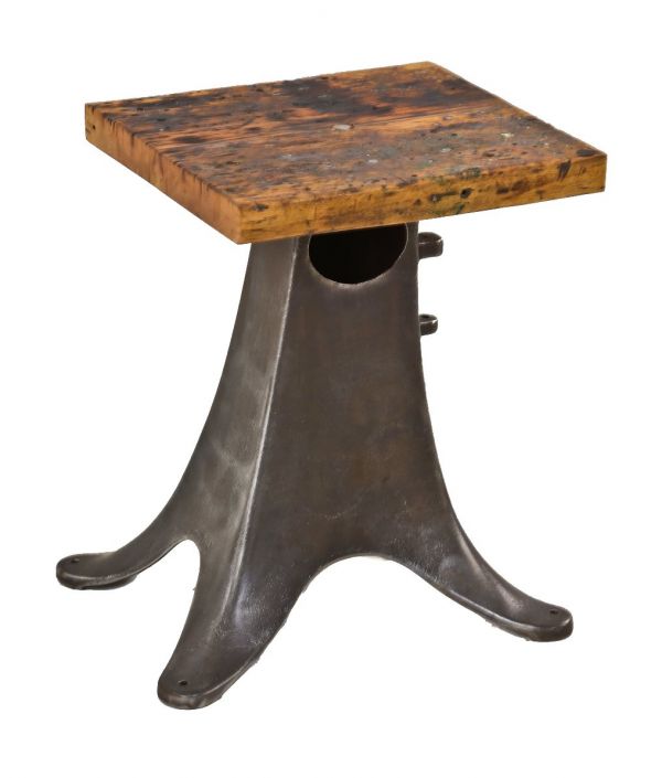 single repurposed american antique industrial four-legged cast iron lathe machine base side table with newly added solid maple wood top