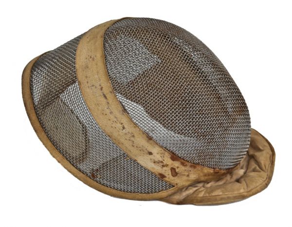 intact c. 1930's antique original american industrial "santelli" steel mesh fencing mask or helmet with stiched and padded canvas bib