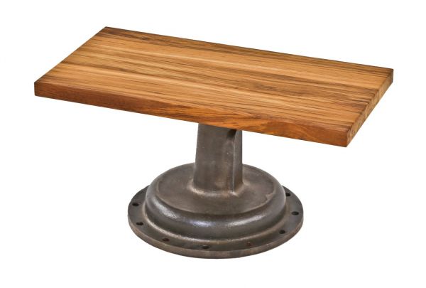 early 20th century refinished low-lying cast iron steam valve bonnet store product display riser or stand with newly added solid teak wood top 