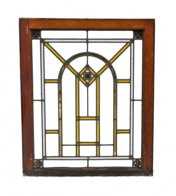 all original and intact american prairie school style strongly geometric interior residential chicago bungalow leaded art glass window with gold leaf sandwich glass accents 