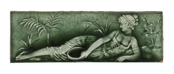 hard to find late 19th century original and largely intact american victorian era oversized green majolica-glazed figural ceramic frieze tile