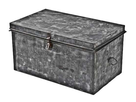 american industrial oversized riveted joint galvanized steel tool chest with intact lockable hasp and opposed drop handles 