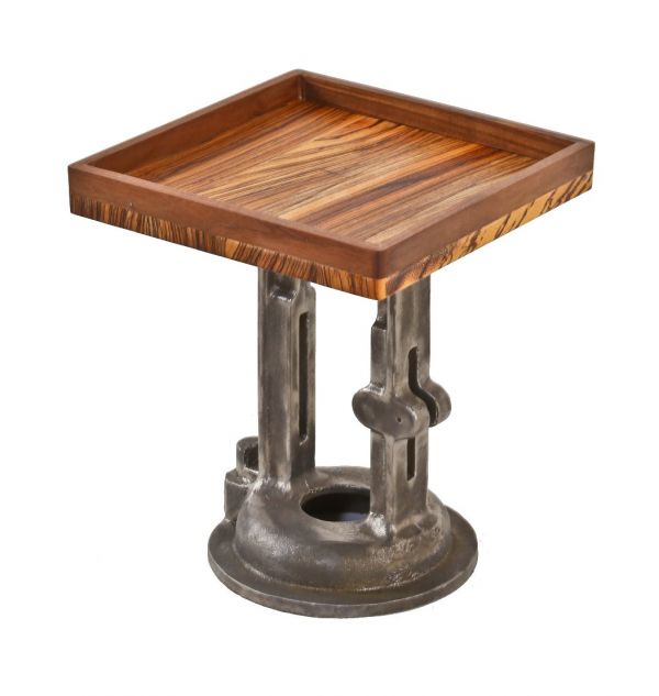 repurposed american industrial cast iron boylston steam valve bonnet countertop display stand with solid zebra wood tray edged with walnut