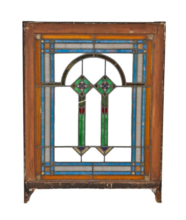 all original perfectly intact early 1920's american chicago prairie school style leaded art glass window with abstract floral motifs