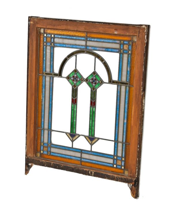 exceptional c. 1920's american interior residential leaded art glass prairie school style window with gold leaf sandwich glass accent