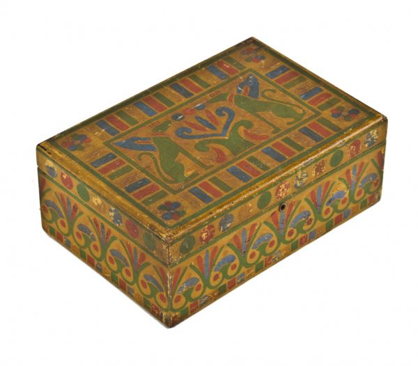 visually distinctive c. 1920's american art deco egyptian revival style hand-painted folk art diminutive wooden box with hinged top