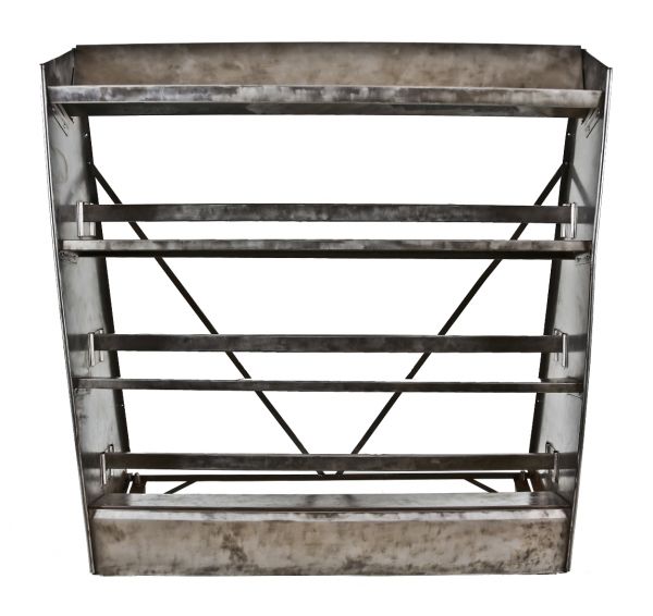 refinished c. 1920's american antique industrial multi-tier general store folded, pressed, and brushed steel shelving unit