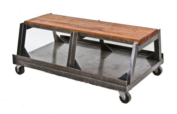 c. 1940's repurposed oversized heavy gauge all-welded joint angled steel sign factory mobile table with newly added solid old growth oak wood boards and spacious undershelf
