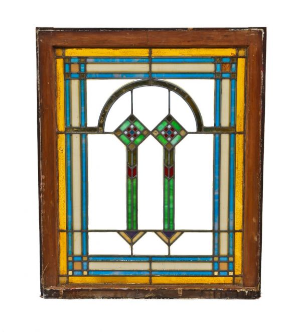 chicago prairie style interior residential simple and sleek geometrically designed leaded art glass double hung sash window with intact varnished pine wood sash frame