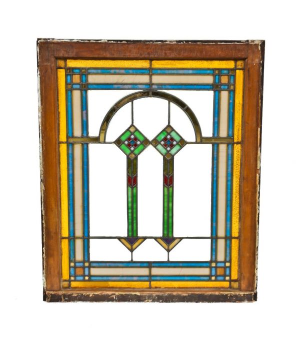 original early 20th century american arts & crafts or craftsman style interior residential leaded art glass window accentuated with gold leaf sandwich glass
