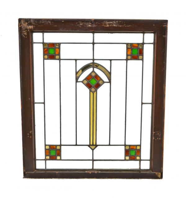 pleasing single early 20th century american craftsman style interior residential chicago bungalow leaded art glass window with original pine darkly stained pine wood sash frame