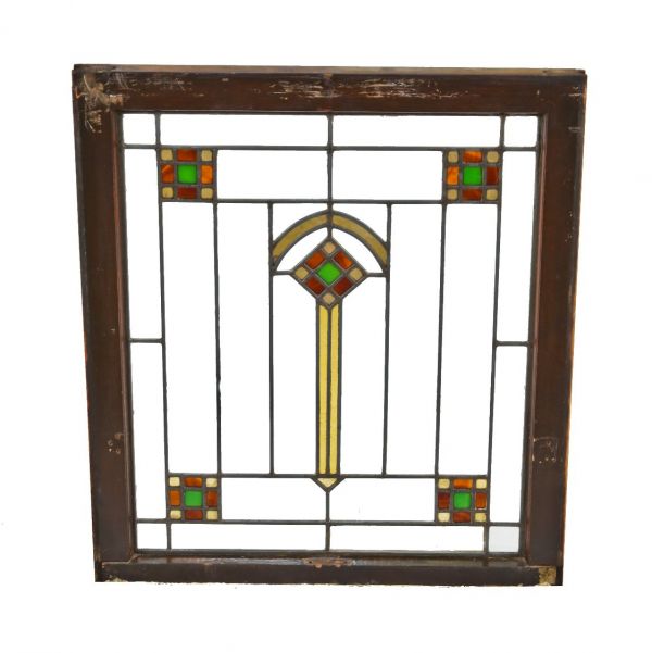original early 1920's american antique arts & crafts or craftsman style interior leaded art glass window with intact pine wood sash frame
