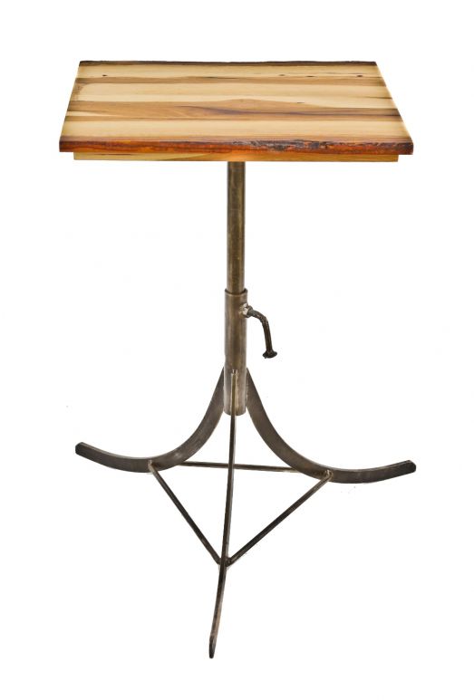 repurposed vintage american industrial custom-built factory lathe machine stand with all-welded joint three-legged base supporting a hickory wood tabletop with recessed apron
