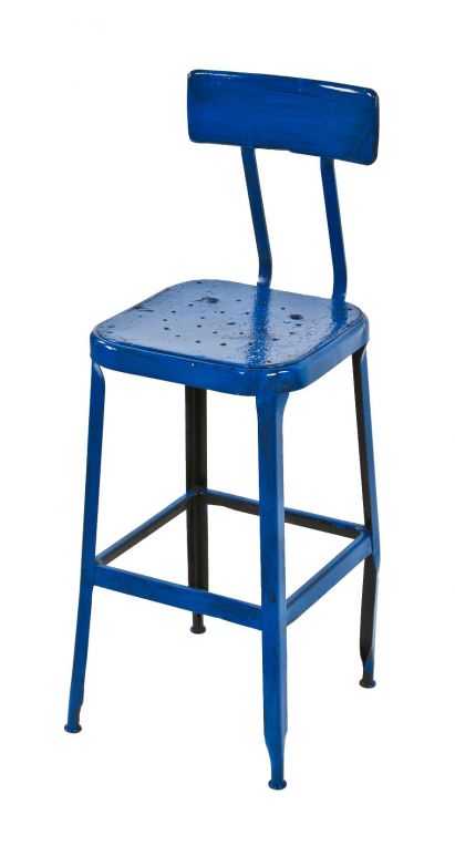 royal blue enameled four-legged vintage american industrial pressed and folded steel stationary machinist stool with intact backrest
