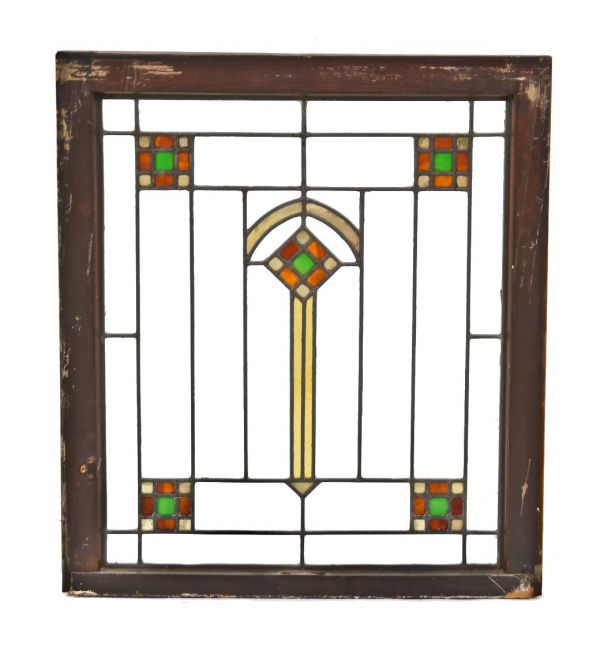 single antique american c. 1920's original interior residential leaded art glass prairie school style chicago bungalow window with original darkly stained wood sash frame