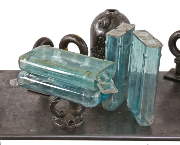 early 20th century original american antique delco exide industrial aqua-blue pressed or molded glass residential basement power plant battery cell jars with intact lids