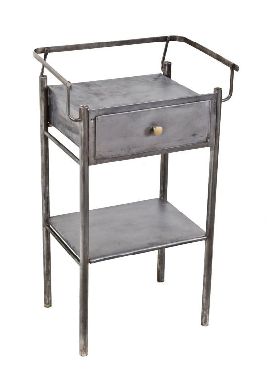 refinished c. 1920's american antique medical brushed metal steel four-legged single drawer hospital operating room side table or work station with three-sided rail guard