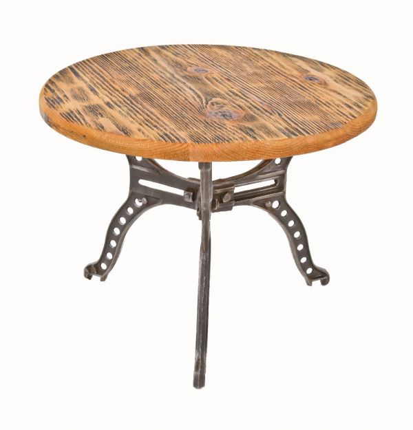 early 20th century american antique industrial three-legged cast iron stationary boiler stand with newly added old growth circular-shaped pine wood top