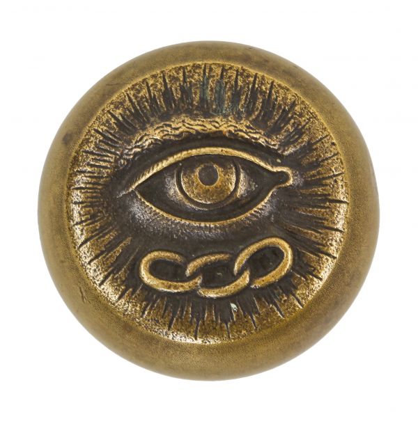 exceptional one of kind original early 20th century antique american ornamental cast bronze "seeing eye" chicago odd fellows building doorknob with interlocking rings and surrounding sunburst motif