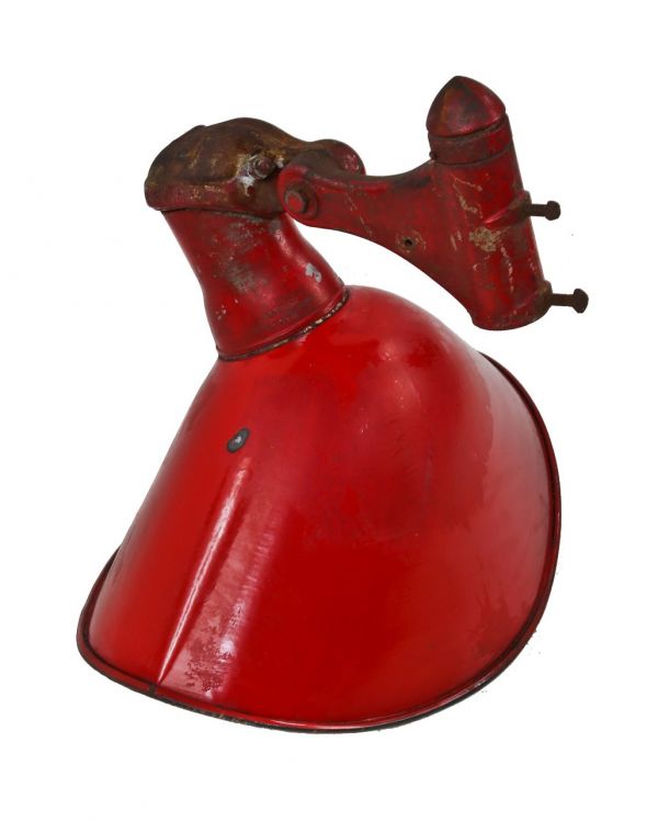 all original and unrestored c. 1930's american antique industrial filling station "angle type" red porcelain enameled post-mount light fixture with uniquely-shaped reflector 
