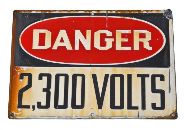 hard to find early c. 1918-20 original single-sided american industrial stonehouse porcelain enameled steel factory "2,300 volts" danger sign 