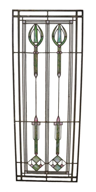 remarkable early 20th century american chicago prairie school long and narrow art glass interior residential cabinet or door window with slag glass abstract floral motifs