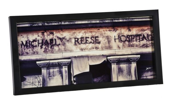 limited edition medium-sized digital photograph on metallic paper print entitled "michael reese hospital" with black enameled custom-built wood frame with clear plate glass