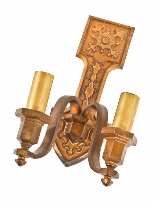 single original c. 1920's american antique spanish revival style ornamental cast bronze granada theater double arm electrified wall-mount sconce with detachable backplate 