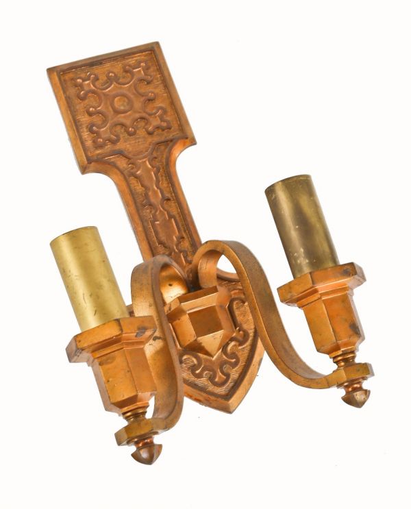 original nicely aged single interior flush mount c. 1920's antique american ornamental cast bronze double arm electric candle granada theater wall sconce 