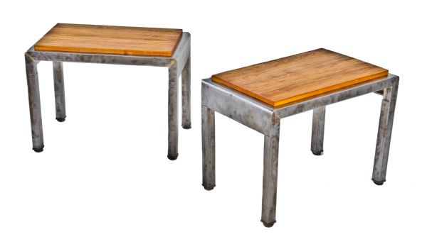 set of repurposed c. 1930's american streamlined style simmons low-lying brushed steel vanity bench side tables or nightstands with newly added ash wood tops