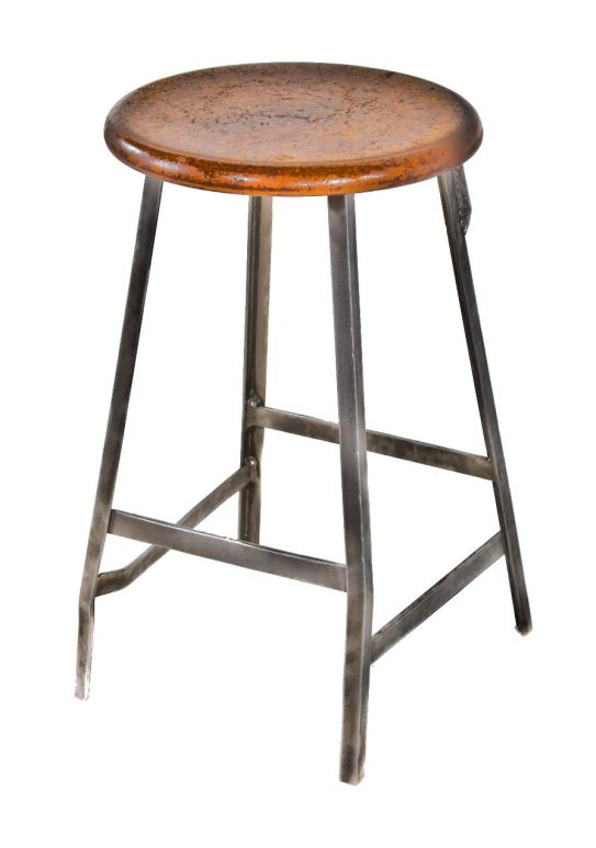 refinished c. 1950's american antique industrial angled iron all-welded joint four-legged factory machine shop stool with original circular-shaped composite wood seat top