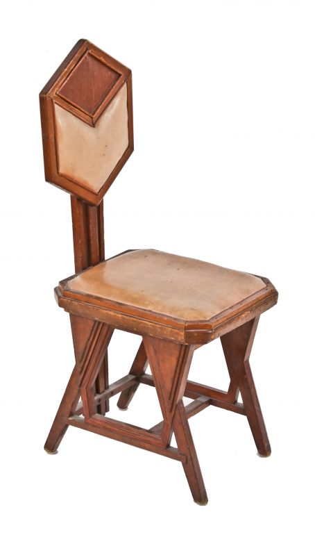 original historically important hexagonal-backed or "peacock"  imperial hotel oil cloth upholstered soak wood side chair designed by frank lloyd wright