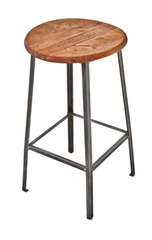 c. 1950's american vintage refinished industrial all-welded joint angled iron four-legged factory machine shop stool with brushed metal base and sanded and sealed seat