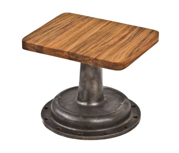 diminutive american industrial refinished cast iron and teak wood stationary weighted store display riser or multi-purpose stand with cast iron boylston bonnet base 