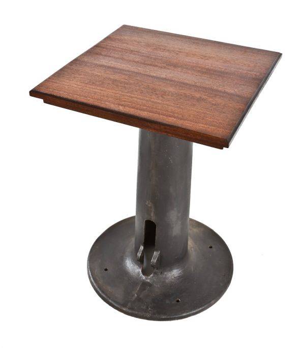 refinished c. 1920's oversized antique american industrial sheet steel punch and/or punch machine pedestal base with newly added mahogany wood tabletop