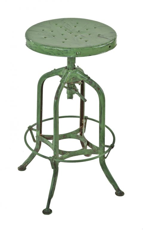 early 1930's american antique industrial backless adjustable height "factory green" painted twine factory machine shop toledo stool with original footrest  