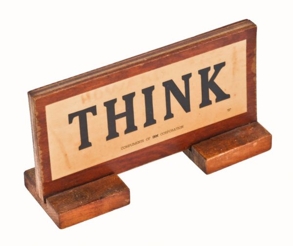 hard to find and highly desirable c. 1940's double-sided freestanding laminated ibm "think" desk or table corporate advertising and/or gift plaque