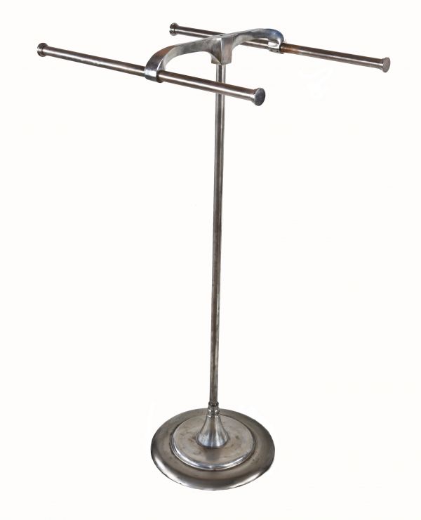 uniquely-shaped c. 1930's american depression era weighted cast iron and heavy gauge tubular steel department store double-pole garment rack
