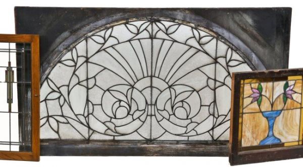 impressive early 1880's antique american enormous interior commercial building victorian era arch top leaded glass transom window with abundant leafage and scrollwork