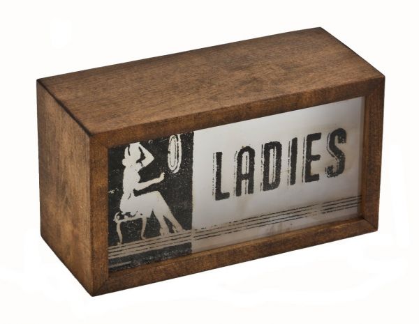 rare c. 1930's american antique baked enameled interior theater "ladies" bathroom or lounge area wall-mount illuminated sign with custom-built maple wood "can"