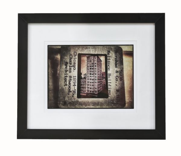 limited edition small-sized matted digital photographic print entitled "reliance building" with black enameled custom-built wood frame and clear plate glass