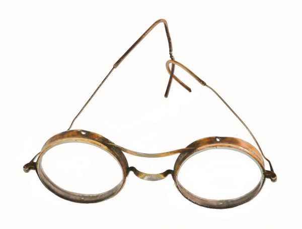 hard to find early 20th century american industrial yellow brass "saniglass" factory machinist king's safely glass or glasses with intact beveled edge thick glass lenses