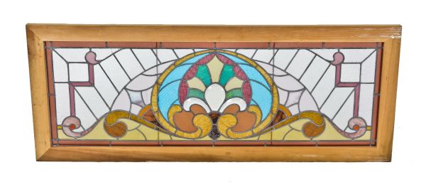 original late 19th/early 20th century antique american victorian era residential stained glass transom window with centrally located palmette flanked by scrollwork