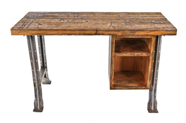 refurbished vintage industrial american freestanding oak wood and pressed and folded steel workbench or desk with a custom oak wood open-ended cabinet or module