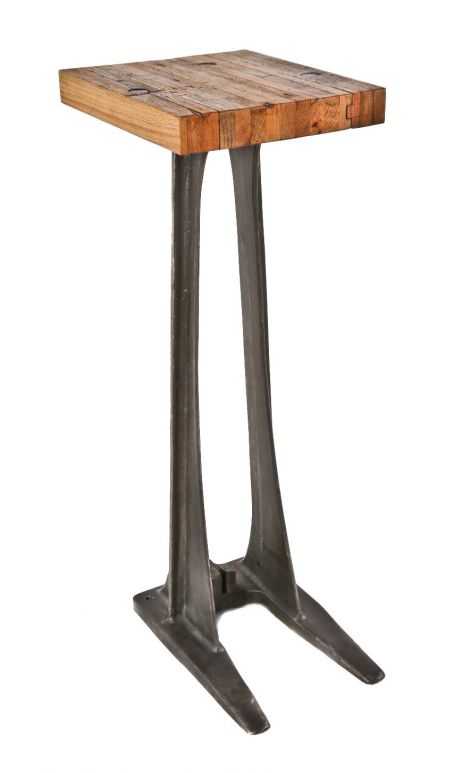 unique repurposed c. 1920's american industrial freestanding heavy cast iron spindle drill base with a newly added solid oak wood diminutive square-shaped table top or platform